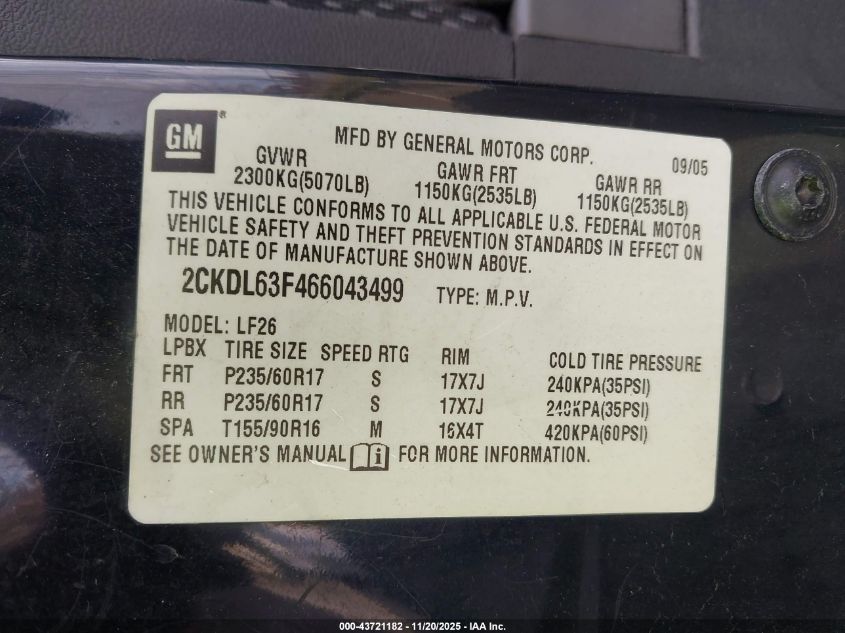 2006 Pontiac Torrent VIN: 2CKDL63F466043499 Lot: 43721182