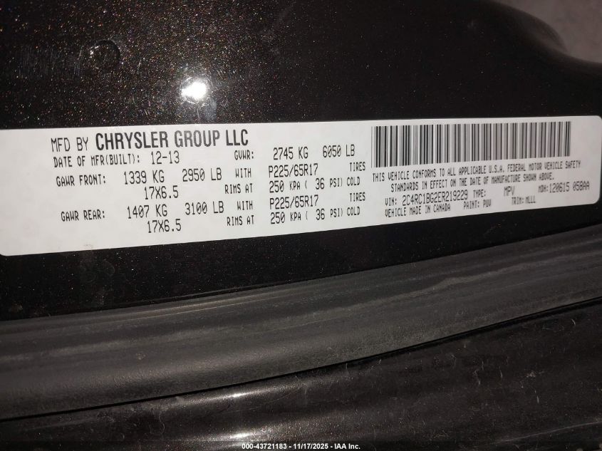 2014 Chrysler Town & Country Touring VIN: 2C4RC1BG2ER219229 Lot: 43721183