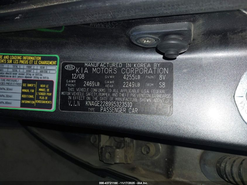 2009 Kia Optima Lx VIN: KNAGE228995323510 Lot: 43721188