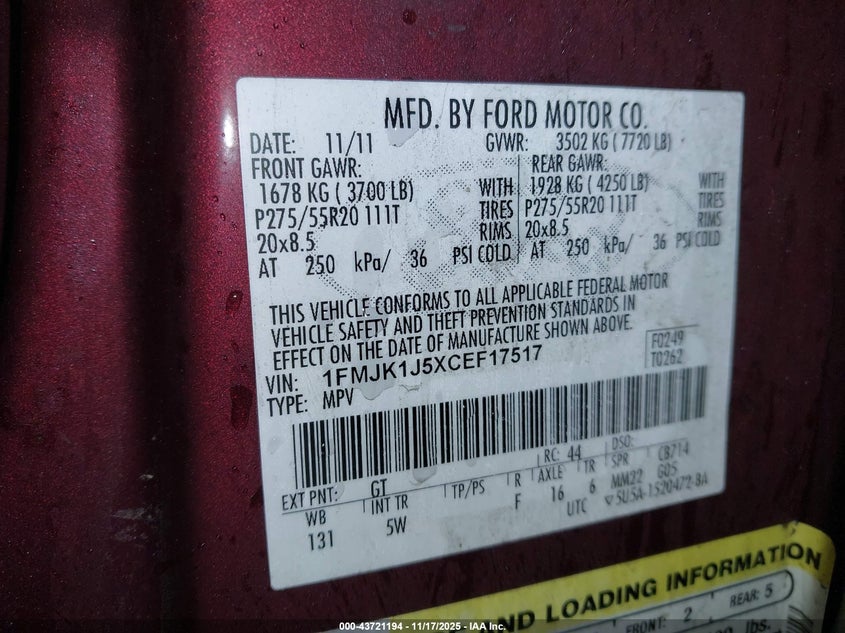 2012 Ford Expedition El King Ranch VIN: 1FMJK1J5XCEF17517 Lot: 43721194