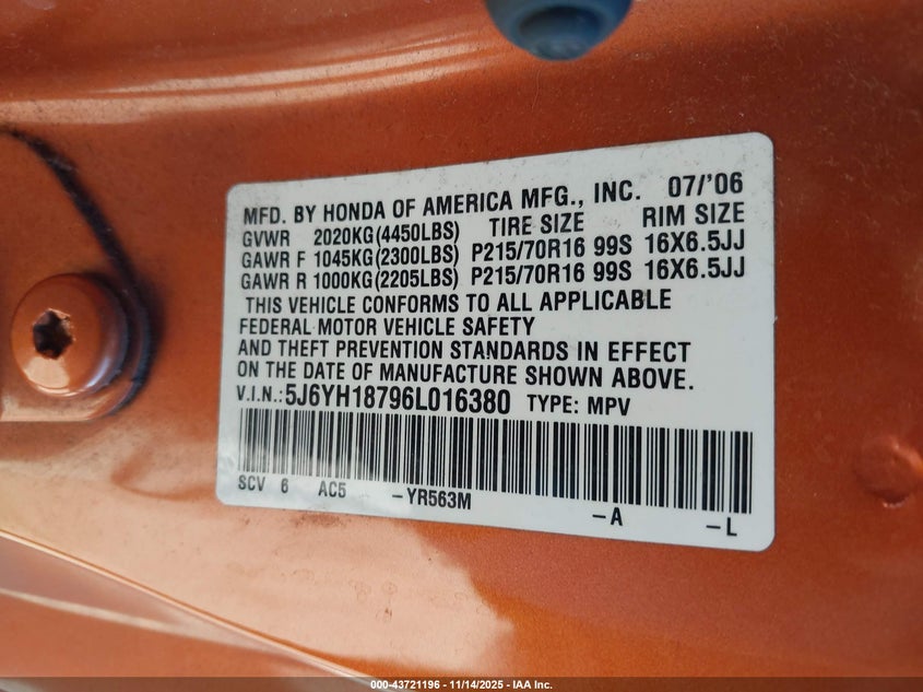 2006 Honda Element Ex-P VIN: 5J6YH18796L016380 Lot: 43721196