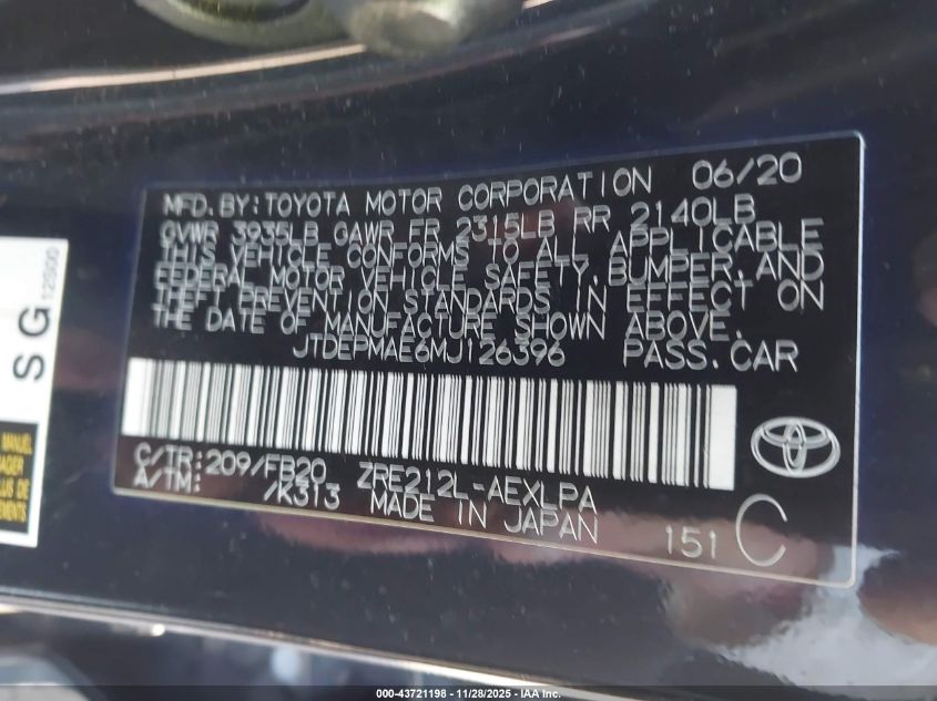 2021 Toyota Corolla Le VIN: JTDEPMAE6MJ126396 Lot: 43721198