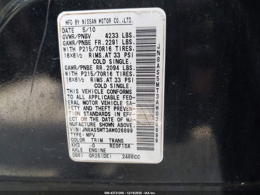 2010 Nissan Rogue S VIN: JN8AS5MT3AW026899 Lot: 43721200