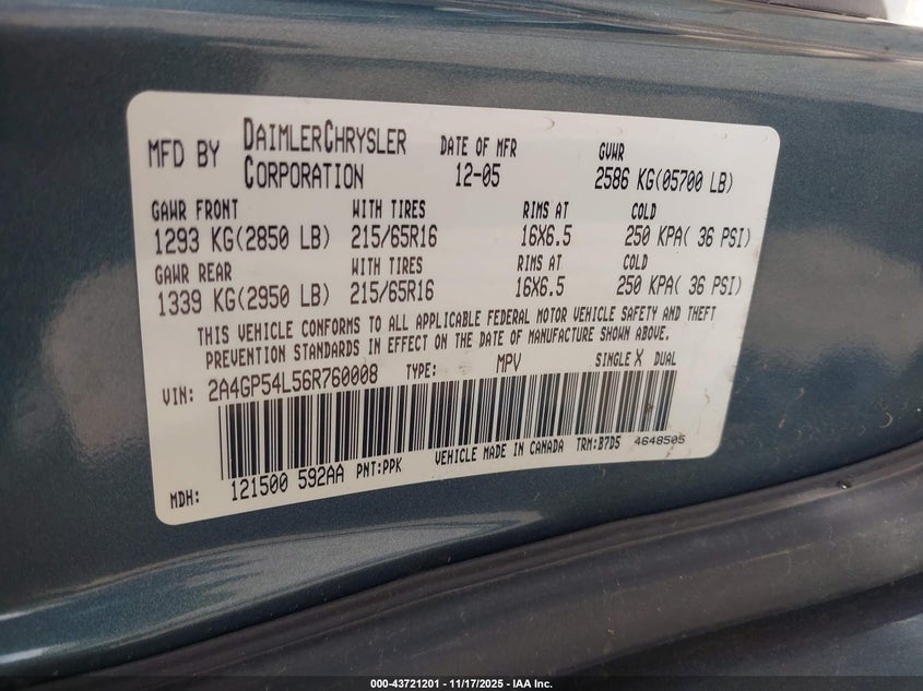 2006 Chrysler Town & Country Touring VIN: 2A4GP54L56R760008 Lot: 43721201