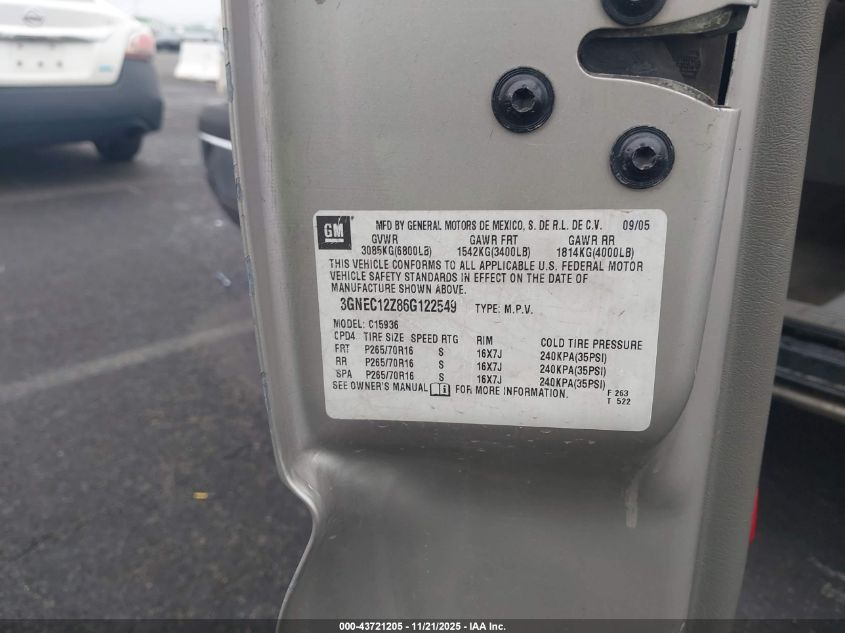 2006 Chevrolet Avalanche 1500 Ls VIN: 3GNEC12Z86G122549 Lot: 43721205