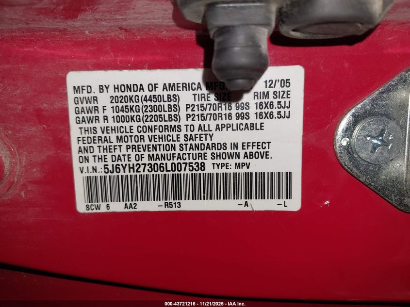 2006 Honda Element Lx VIN: 5J6YH27306L007538 Lot: 43721216