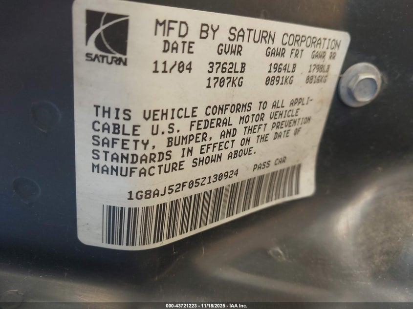 2005 Saturn Ion 2 VIN: 1G8AJ52F05Z130924 Lot: 43721223