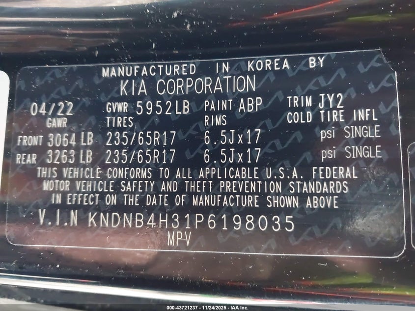 2023 Kia Carnival Mpv Lx Seat Package VIN: KNDNB4H31P6198035 Lot: 43721237