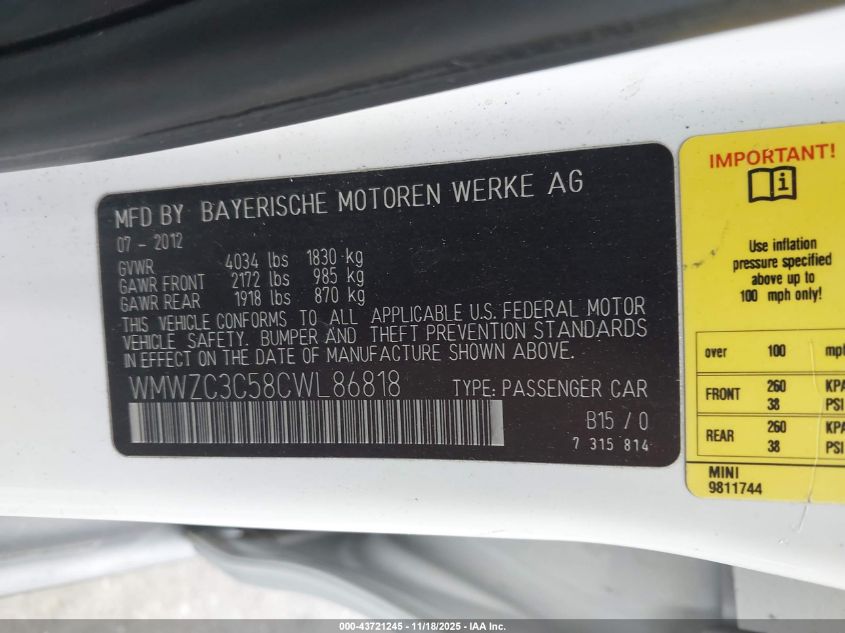 2012 Mini Cooper S Countryman VIN: WMWZC3C58CWL86818 Lot: 43721245