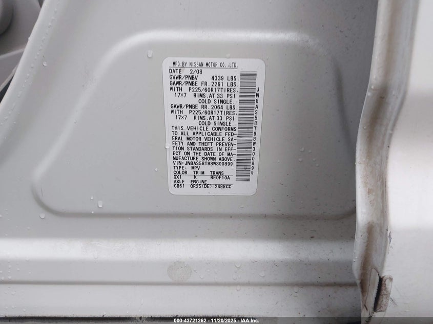 2008 Nissan Rogue Sl VIN: JN8AS58T98W300899 Lot: 43721262