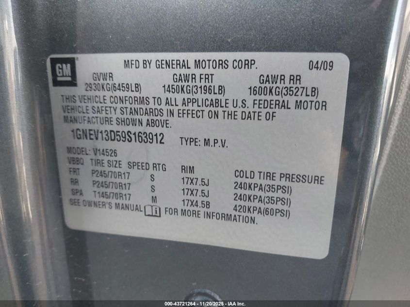 2009 Chevrolet Traverse Ls VIN: 1GNEV13D59S163912 Lot: 43721264