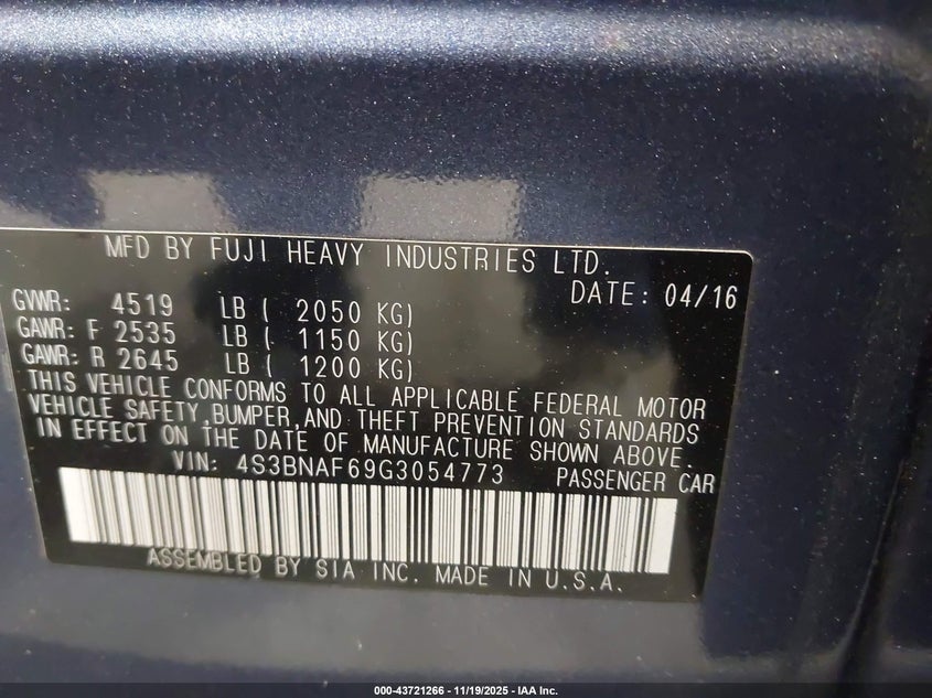 2016 Subaru Legacy 2.5I Premium VIN: 4S3BNAF69G3054773 Lot: 43721266