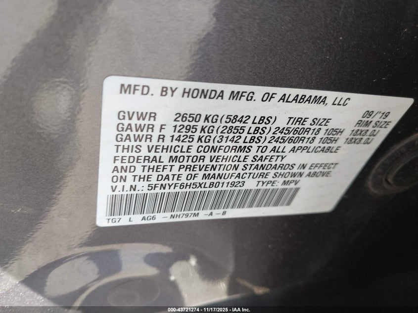 5FNYF6H5XLB011923 2020 HONDA PILOT photo no. 9