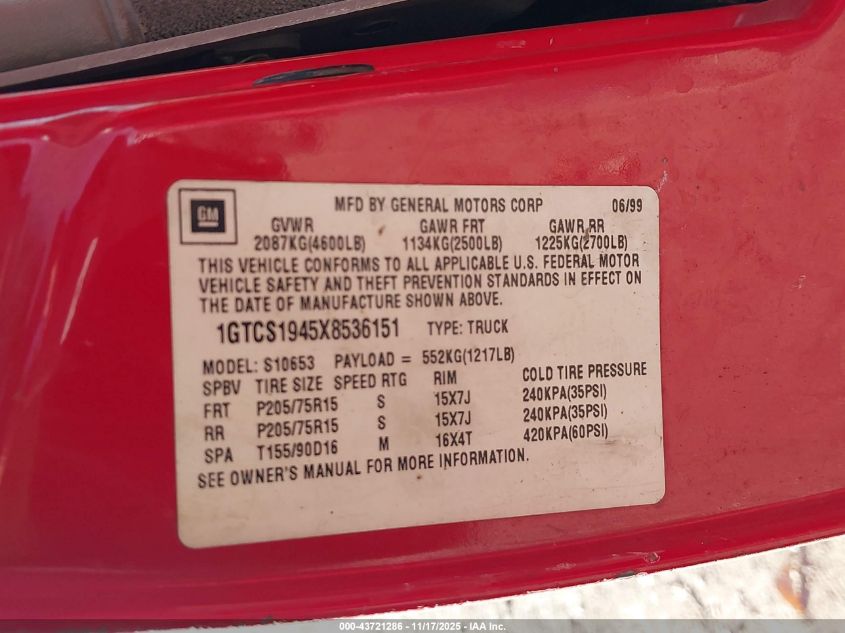 1999 GMC Sonoma Sls VIN: 1GTCS1945X8536151 Lot: 43721286