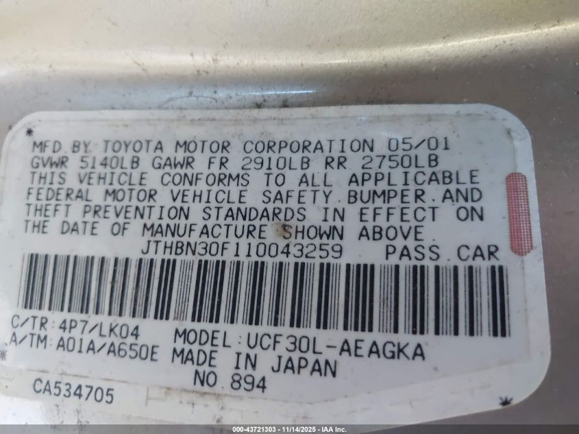 2001 Lexus Ls 430 VIN: JTHBN30F110043259 Lot: 43721303