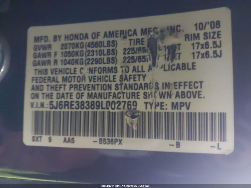 2009 Honda Cr-V Lx VIN: 5J6RE38389L002769 Lot: 43721309