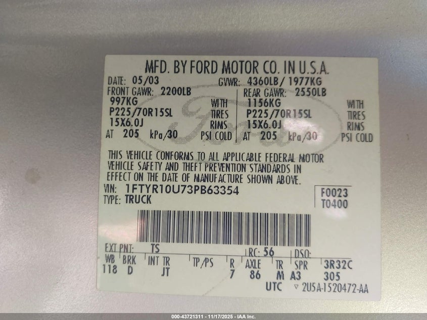 2003 Ford Ranger Edge/Xl/Xlt VIN: 1FTYR10U73PB63354 Lot: 43721311