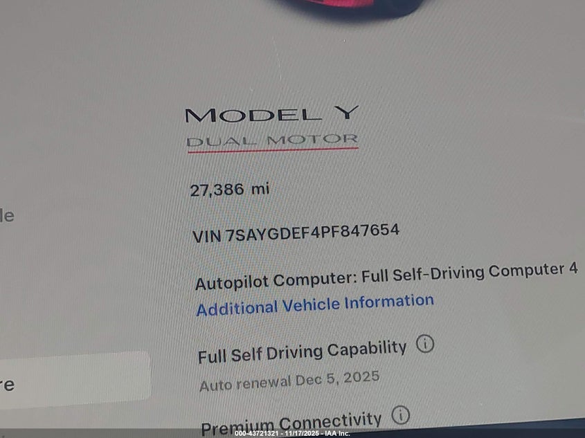 2023 Tesla Model Y Performance Dual Motor All-Wheel Drive VIN: 7SAYGDEF4PF847654 Lot: 43721321