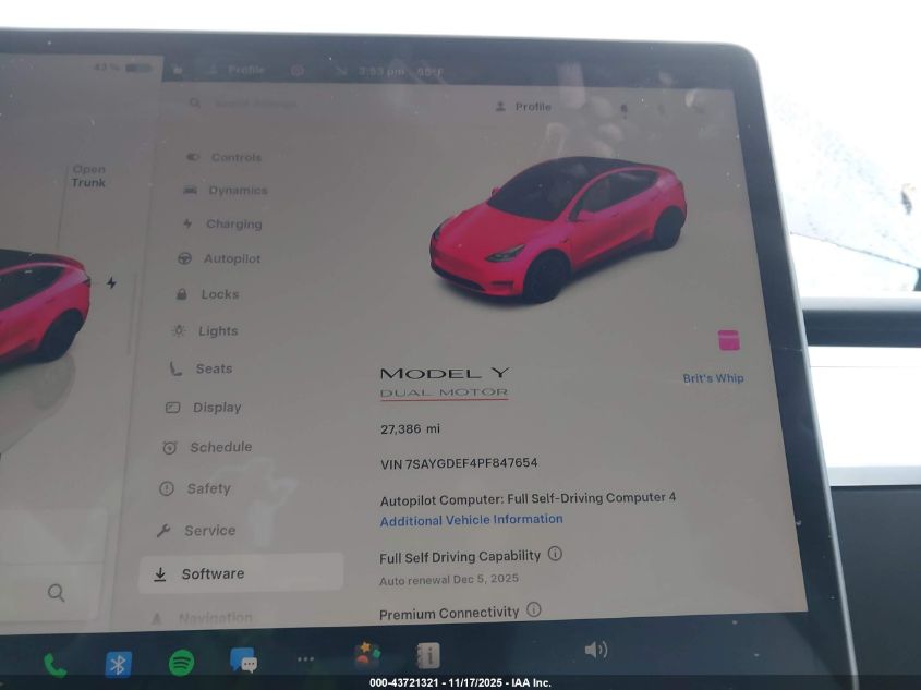 2023 Tesla Model Y Performance Dual Motor All-Wheel Drive VIN: 7SAYGDEF4PF847654 Lot: 43721321