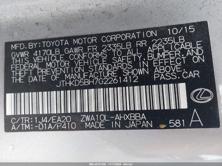 2016 Lexus Ct 200H VIN: JTHKD5BH7G2261412 Lot: 43721330