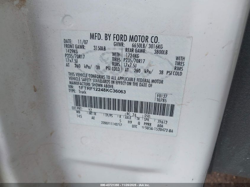 2008 Ford F-150 Stx/Xl/Xlt VIN: 1FTRF12248KC36063 Lot: 43721350