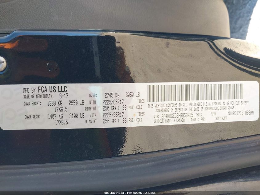 2017 Dodge Grand Caravan Gt VIN: 2C4RDGEG3HR853035 Lot: 43721353