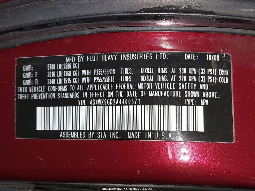 2010 Subaru Tribeca 3.6R Touring VIN: 4S4WX9KD5A4401981 Lot: 43721362