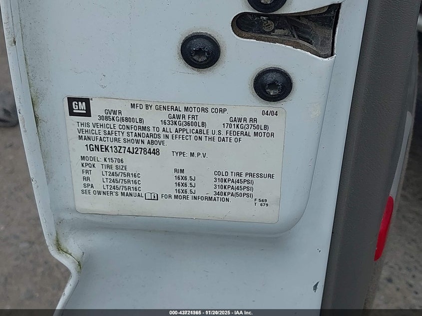 2004 Chevrolet Tahoe Ls VIN: 1GNEK13Z74J278448 Lot: 43721365