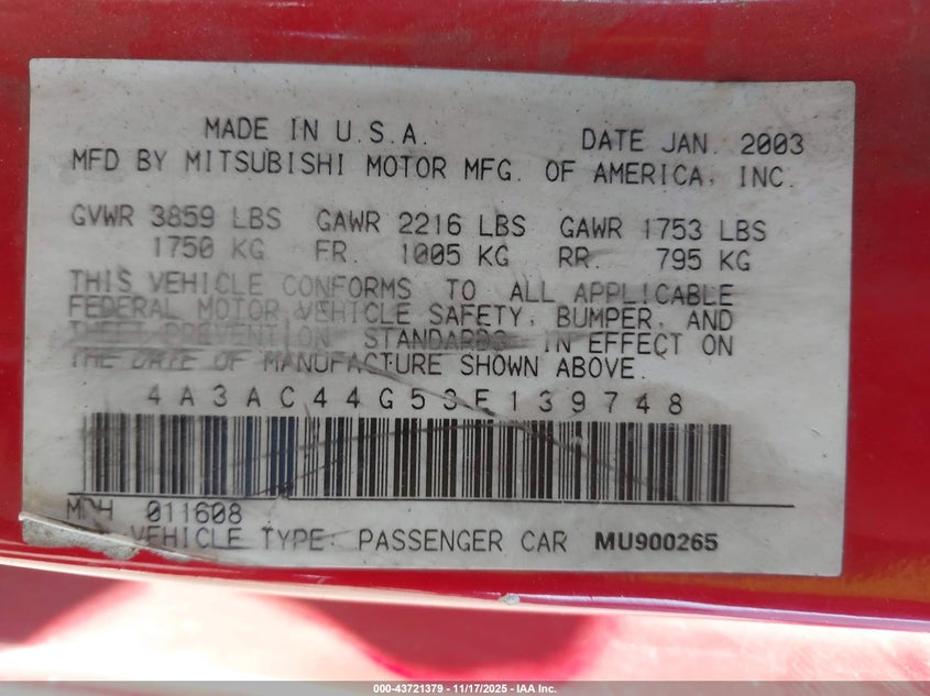 2003 Mitsubishi Eclipse Gs VIN: 4A3AC44G53E139748 Lot: 43721379