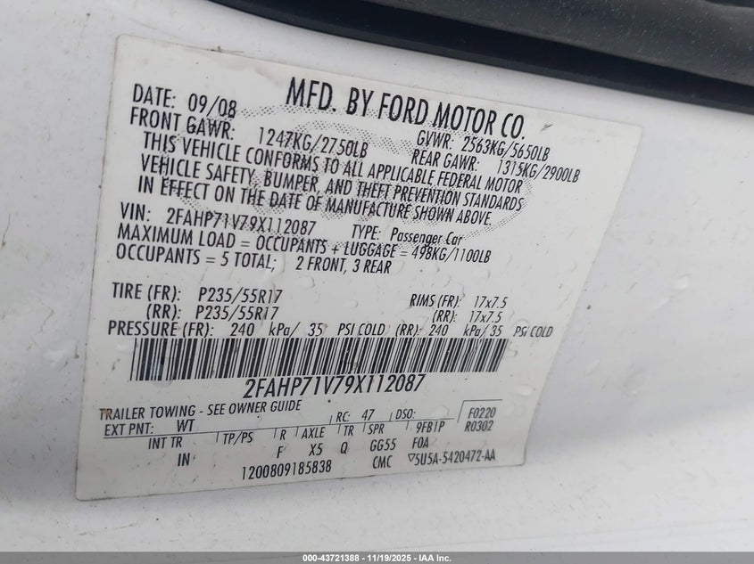 2009 Ford Crown Victoria Police/Police Interceptor VIN: 2FAHP71V79X112087 Lot: 43721388