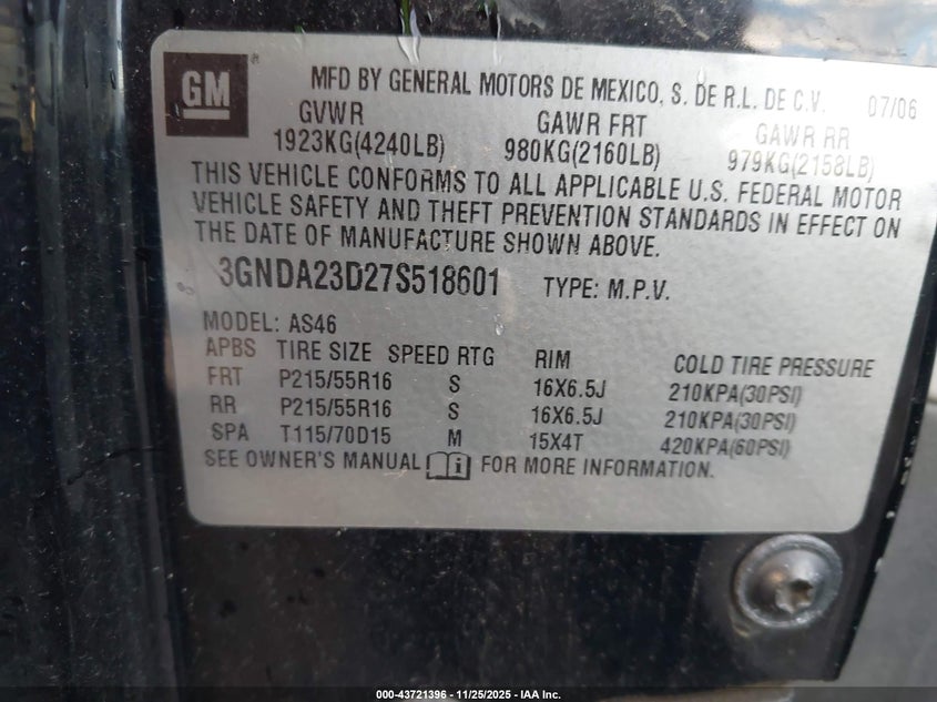 2007 Chevrolet Hhr Lt VIN: 3GNDA23D27S518601 Lot: 43721396