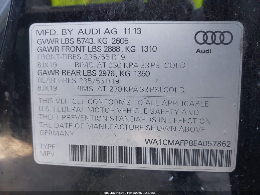 2014 Audi Q5 3.0 Tdi Premium Plus VIN: WA1CMAFP8EA057862 Lot: 43721401