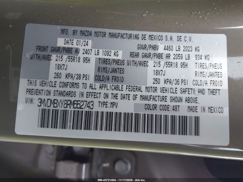 2024 Mazda Cx-30 2.5 Carbon Turbo VIN: 3MVDMBXY8RM652743 Lot: 43721404