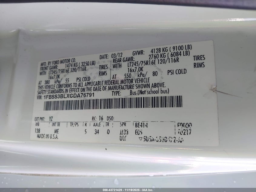 2012 Ford E-350 Super Duty Xlt VIN: 1FBSS3BLXCDA76791 Lot: 43721429