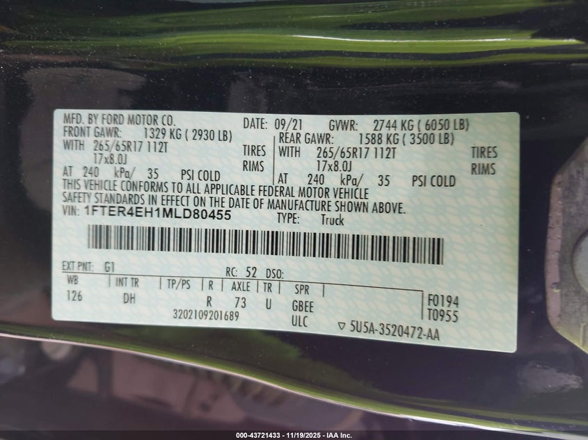 2021 Ford Ranger Lariat VIN: 1FTER4EH1MLD80455 Lot: 43721433