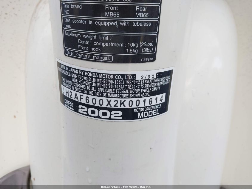 2002 Honda Chf50 VIN: JH2AF600X2K001614 Lot: 43721435