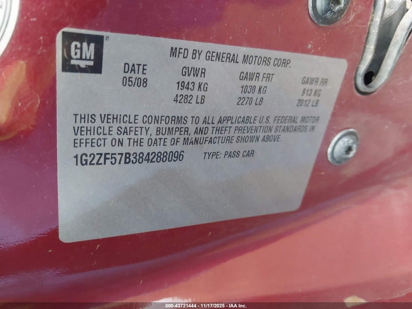 2008 Pontiac G6 Value Leader VIN: 1G2ZF57B384288096 Lot: 43721444