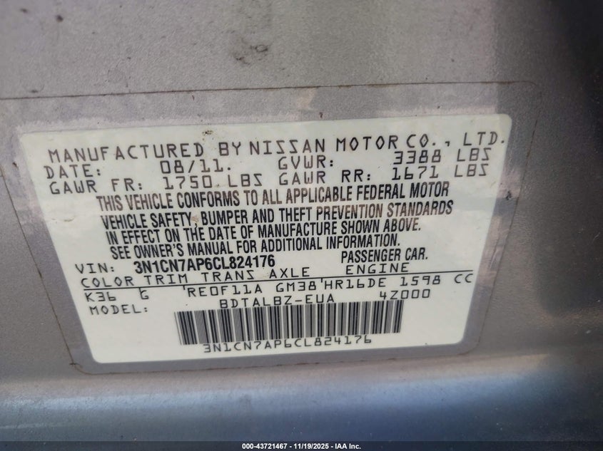 2012 Nissan Versa 1.6 Sv VIN: 3N1CN7AP6CL824176 Lot: 43721467