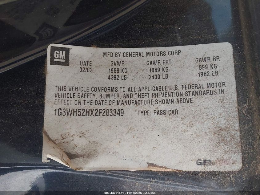 2002 Oldsmobile Intrigue Gx VIN: 1G3WH52HX2F203349 Lot: 43721471