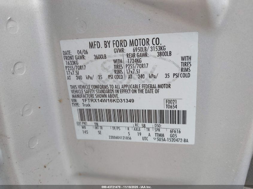 2006 Ford F-150 Stx/Xl/Xlt VIN: 1FTRX14W16KD31349 Lot: 43721478