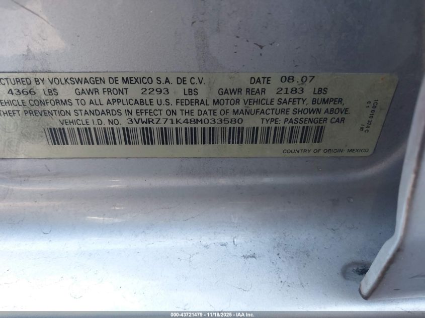 2008 Volkswagen Jetta Se/Sel VIN: 3VWRZ71K48M033580 Lot: 43721479