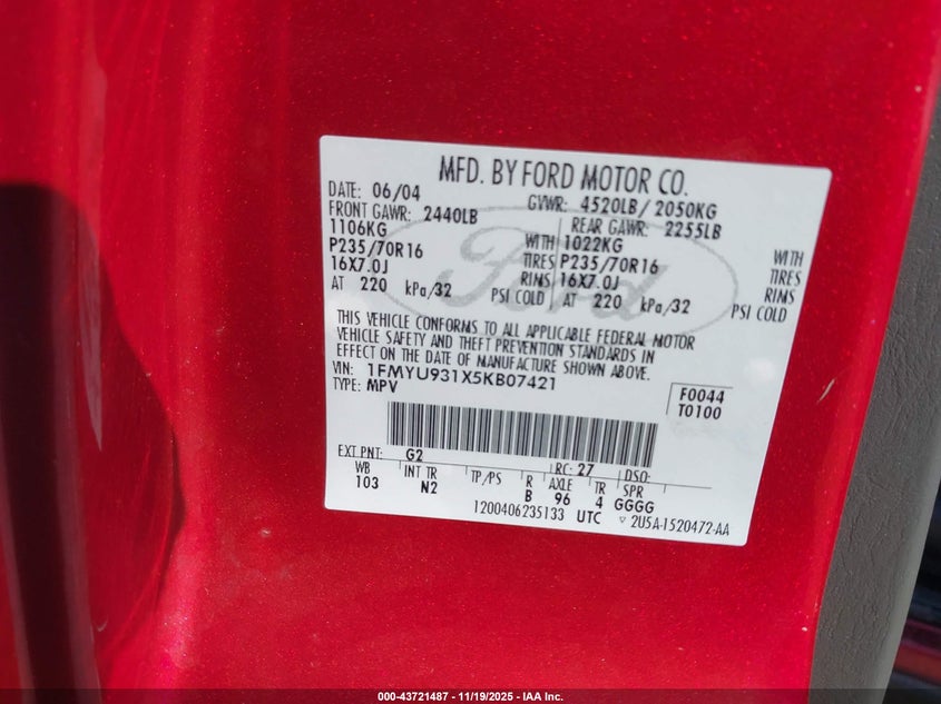 2005 Ford Escape Xlt VIN: 1FMYU931X5KB07421 Lot: 43721487