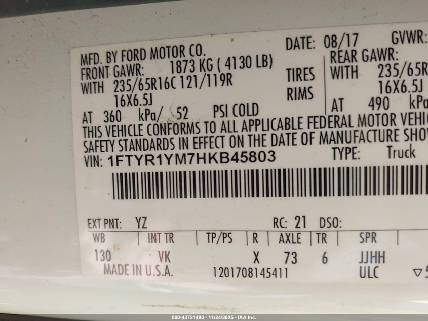 2017 Ford Transit-250 VIN: 1FTYR1YM7HKB45803 Lot: 43721490