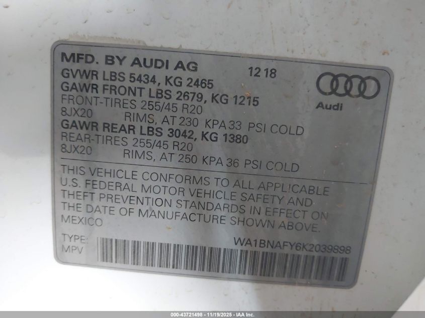 2019 Audi Q5 45 Premium VIN: WA1BNAFY6K2039898 Lot: 43721498