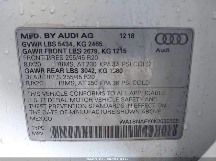 2019 Audi Q5 45 Premium VIN: WA1BNAFY6K2039898 Lot: 43721498