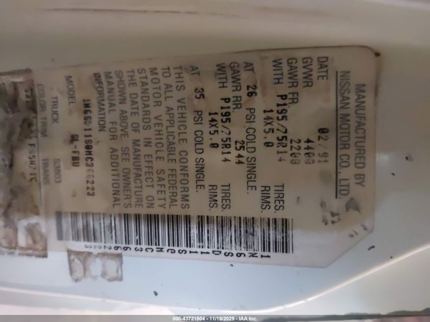 1991 Nissan Truck Short Wheelbase VIN: 1N6SD11S0MC366223 Lot: 43721504