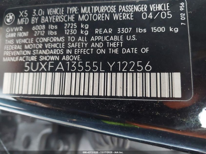 2005 BMW X5 3.0I VIN: 5UXFA13555LY12256 Lot: 43721520
