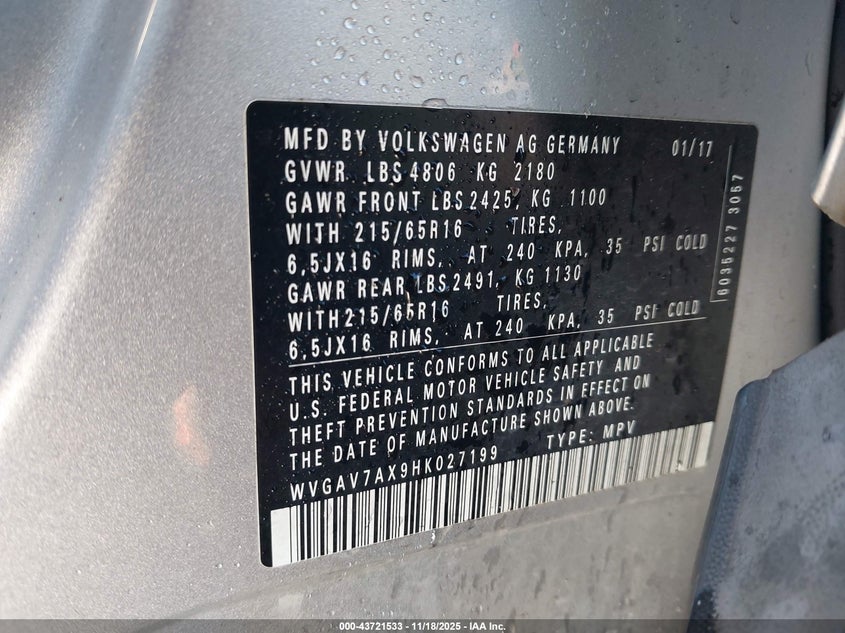 WVGAV7AX9HK027199 2017 VOLKSWAGEN TIGUAN photo no. 9