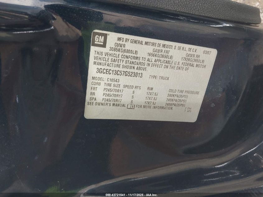 2007 Chevrolet Silverado 1500 Lt1 VIN: 3GCEC13C57G523013 Lot: 43721541