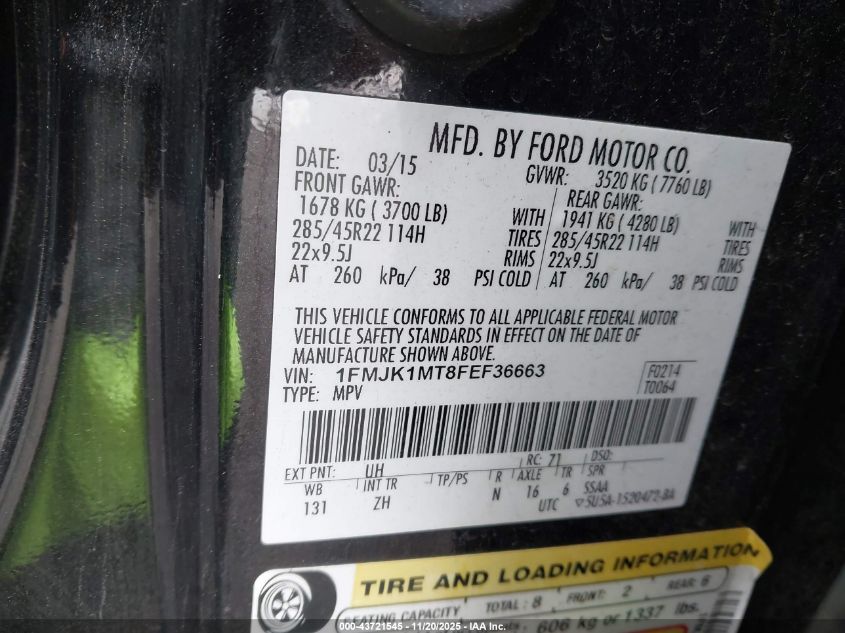 2015 Ford Expedition El Platinum VIN: 1FMJK1MT8FEF36663 Lot: 43721545